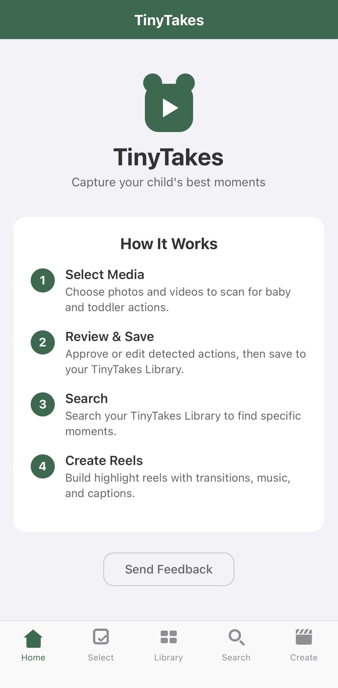 TinyTakes Home Screen